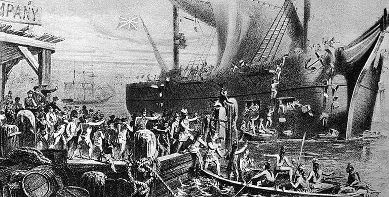 An illustration depicts about 90 citizens, partly disguised as Indians, boarding three British ships at Griffin's Wharf and throwing 342 chests of tea into Boston Harbor in Boston on Dec. 16, 1773. (AP)