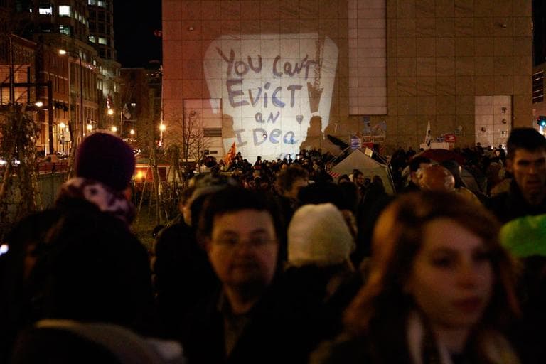 Occupy Boston protestors assemble in Dewey Square late Thursday night and early Friday morning.(Jesse Costa/WBUR)