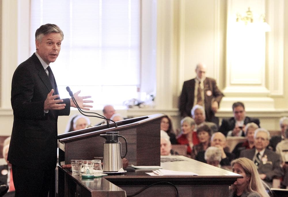 Republican presidential candidate, former Utah Gov. Jon Huntsman speaks to the New Hampshire legislature during a campaign stop at the Statehouse in Concord, N.H., in November. (AP) 