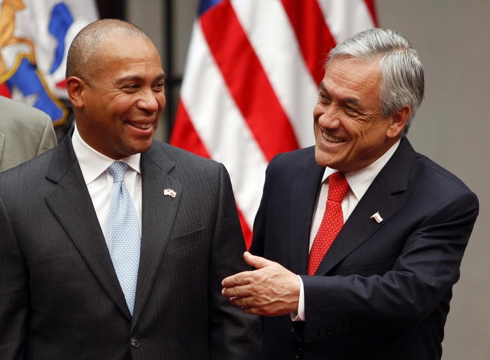 Chile's President Sebastian Pinera, right, speaks with U.S. Governor of Massachusetts, Deval Patrick, at La Moneda government palace after signing education agreements in Santiago, Chile, Thursday Dec. 1, 2011. (AP)