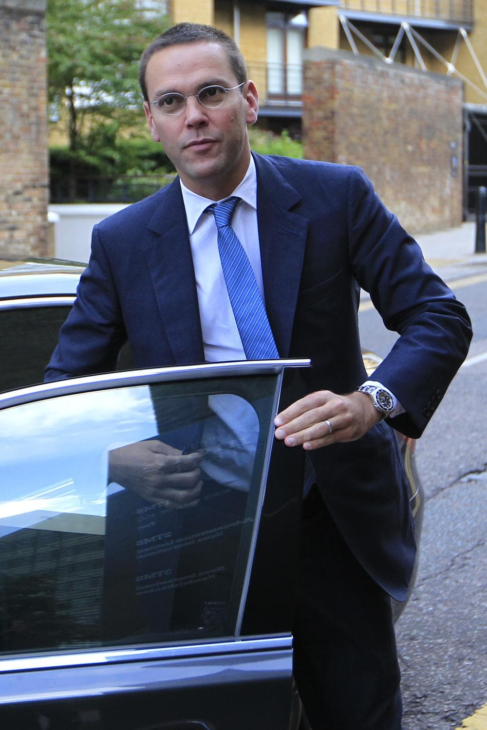 Chief executive of News Corporation Europe and Asia, James Murdoch arrives at News International headquarters in London in July. (AP)