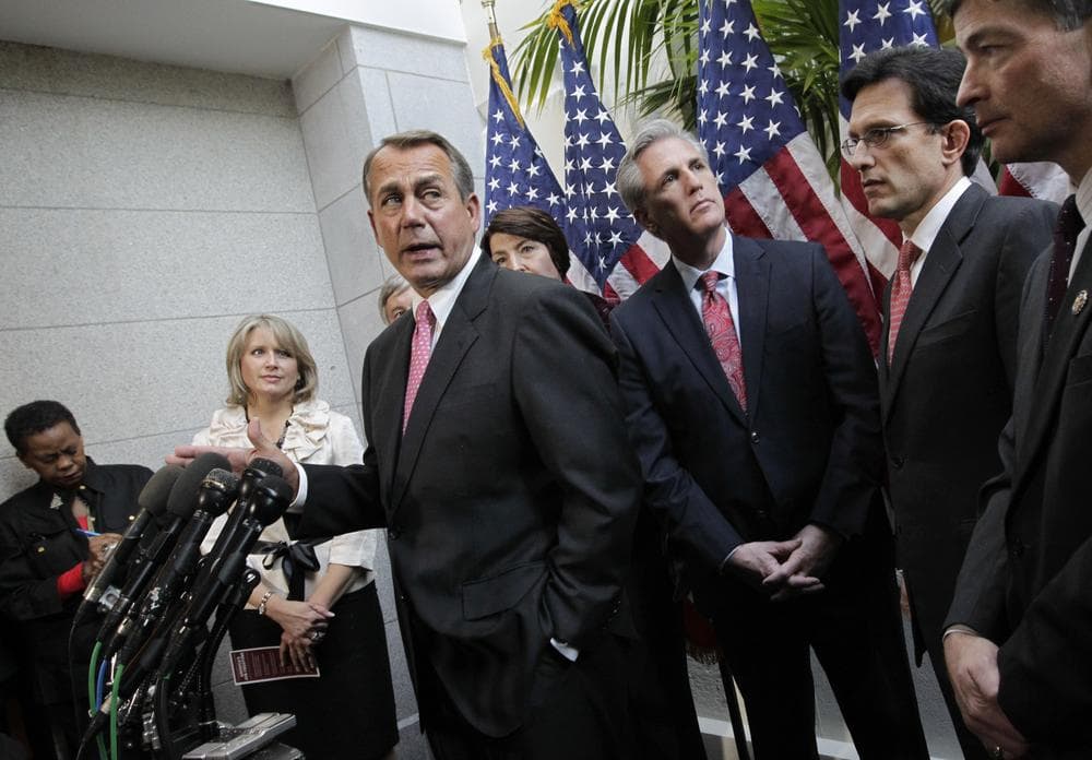 House Speaker John Boehner of Ohio, center, accompanied by fellow Republican leaders, meets with reporters on Capitol Hill in Washington, Tuesday. (AP)