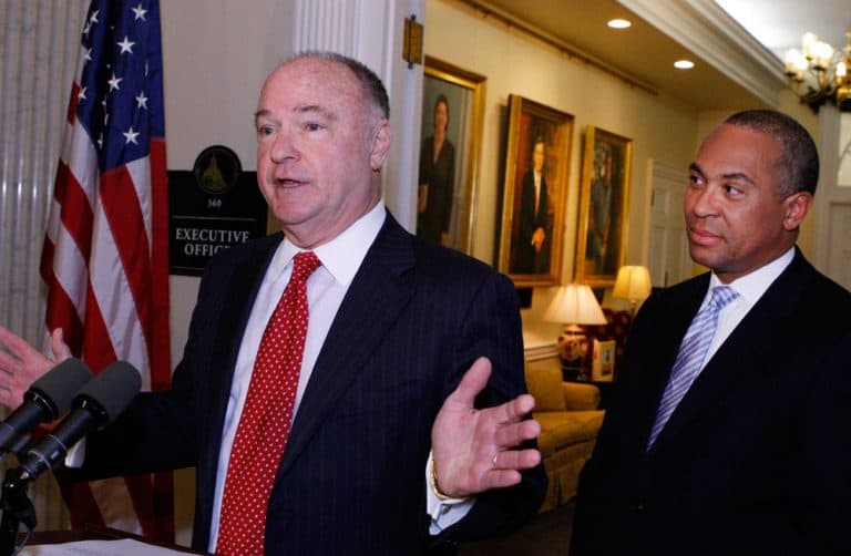 Stephen Crosby speaks as Gov. Deval Patrick looks on during a State House news conference Tuesday after Patrick appointed Crosby as chair of a gambling commission that will oversee the state’s new casino law. (AP)