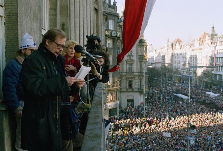 Vaclav Havel, nominated for the Presidency reads out the names of Czechoslovakia’s first non-communist Government since 1948. Thousands of people gathered on Sunday, Dec. 10, 1989 in Prague’s infamous Wenceslas Square to bare witness to the success of their peaceful revolution. (AP)