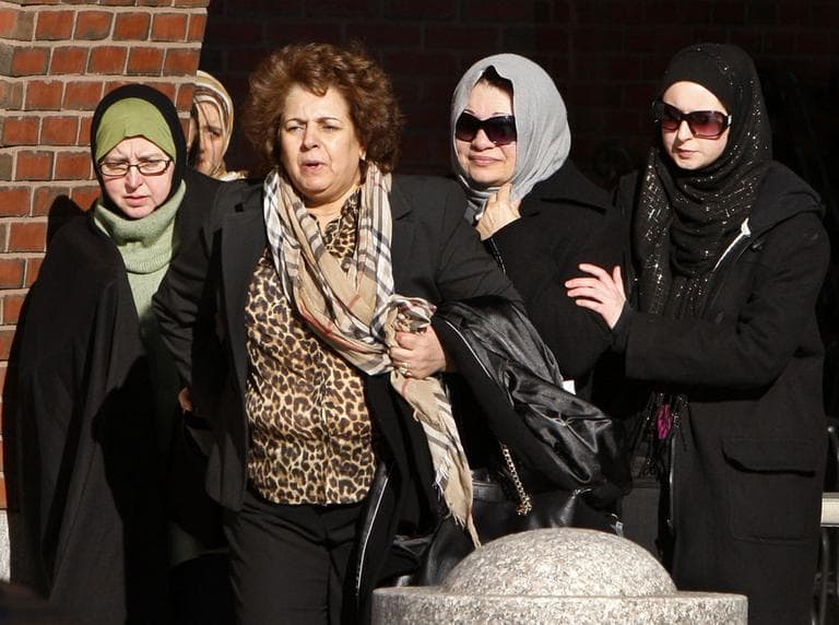 Souad Mehanna, of Sudbury, Mass., second from right, mother of Tarek Mehanna, also of Sudbury, departs federal court with unidentified women, in Boston, Tuesday. (AP)