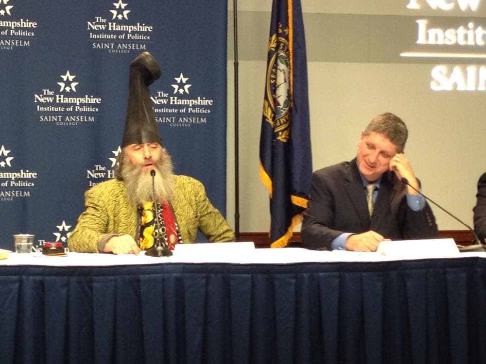 Candidates at the New Hampshire Institute of Politics 2011 Lesser-Known Candidate Forum Monday night. Democratic candidates Vermin Supreme (left) and Randall Terry (right).