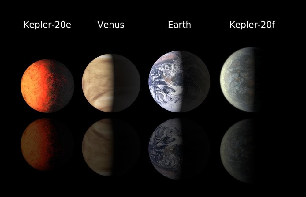 This illustration shows artist&#039;s renderings of planets Kepler-20e and Kepler-20f compared with Venus and the Earth. Scientists have found the two Earth-sized planets orbiting a distant star, an encouraging sign for prospects of finding life elsewhere. (AP/Harvard-Smithsonian Center for Astrophysics)