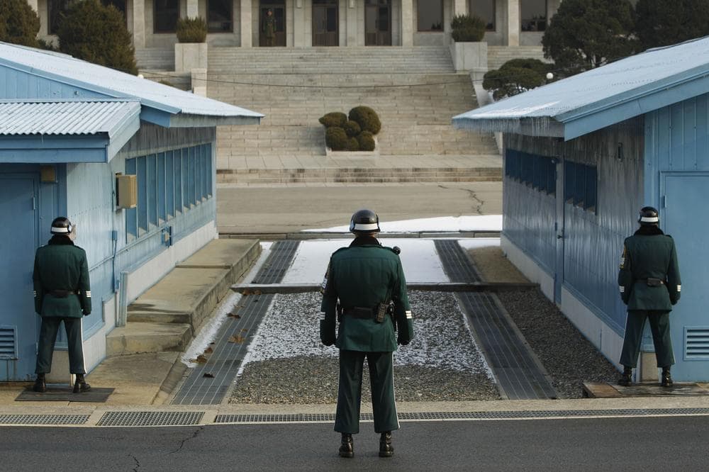 South Korean soldiers stand on guard as they face the North Korea side at the border village of Panmunjom in the demilitarized zone, South Korea. (AP)
