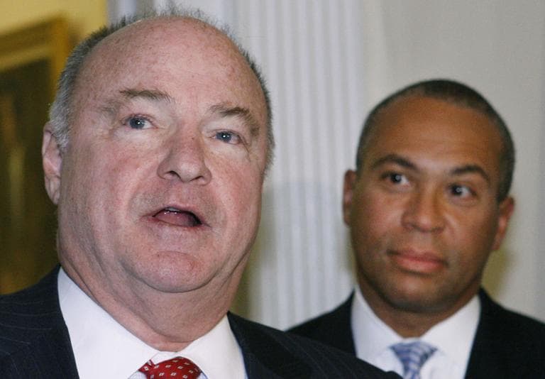 Stephen Crosby speaks as Massachusetts Gov. Deval Patrick, right, looks on during a news conference at the Statehouse in Boston, Dec. 13, 2011. Patrick on Tuesday appointed Crosby as chair of a state gambling commission that will oversee the state’s new casino law. (AP)