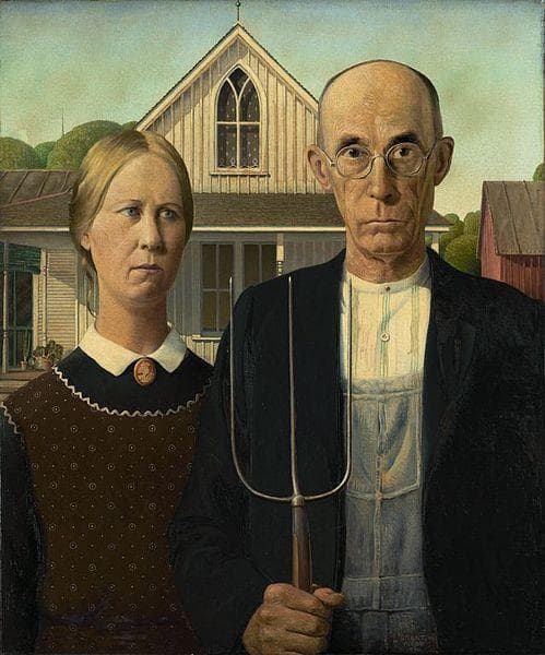 American Gothic, by Grant DeVolson Wood, created in 1930 and sold to the Art Institute of Chicago. Bloom compares his writing to Wood&#039;s painting.