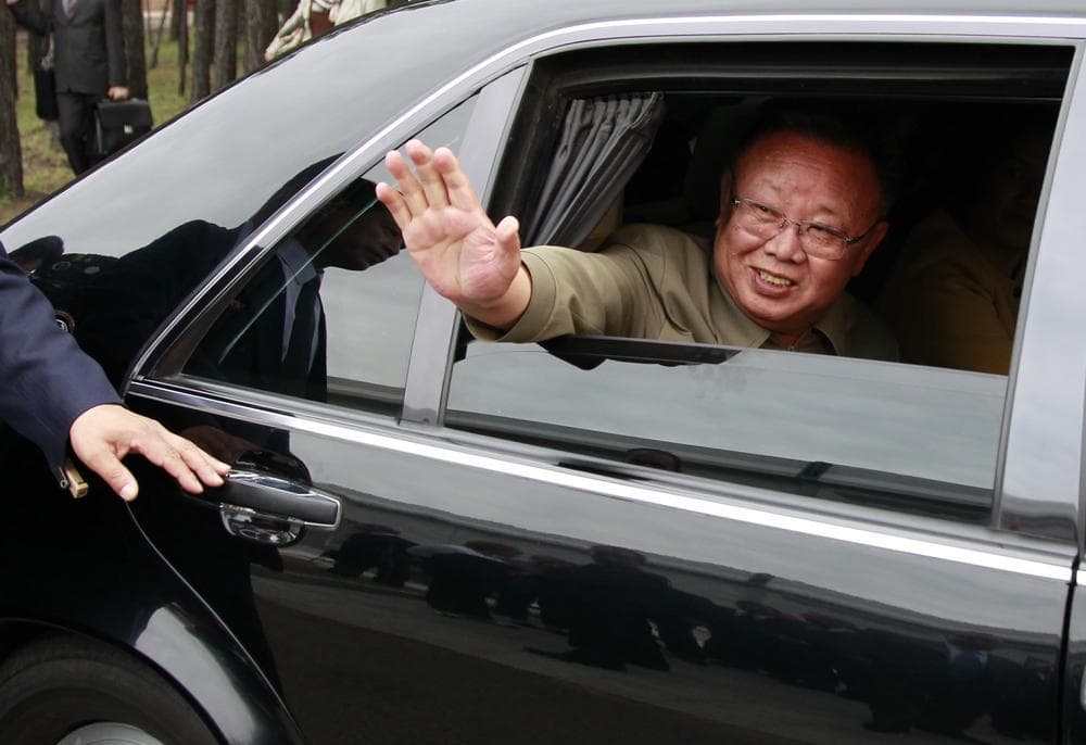 North Korean leader Kim Jong Il waves goodbye to Russian President Dmitry Medvedev, not seen, after a meeting an a military garrison, outside Ulan-Ude in Buryatia on Aug. 24. (AP)