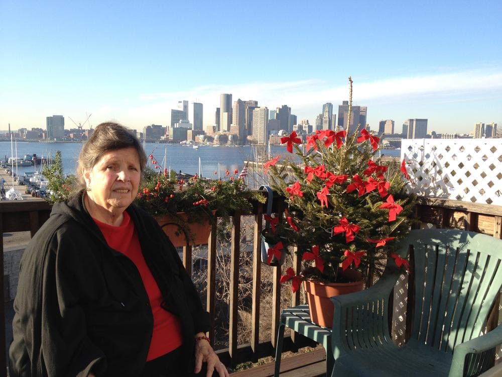 Mary Ellen Welch of the Jeffries Point Neighborhood Association on her balcony which, for now, has a clear view of downtown Boston across the waterfront from East Boston. (Adam Ragusea/WBUR) 