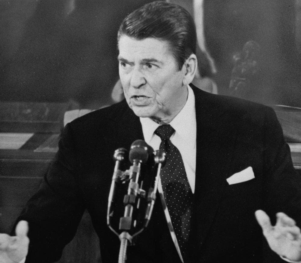 President Ronald Reagan makes a point while addressing a Joint Session of Congress Tuesday night, January 26, 1982, on Capitol Hill. (AP)