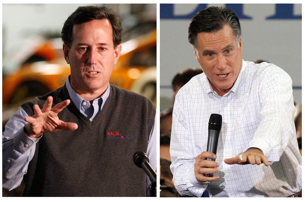 Republican presidential candidate, former Pennsylvania Sen. Rick Santorum, left, and right, Republican presidential candidate former Massachusetts Gov. Mitt Romney. (AP)