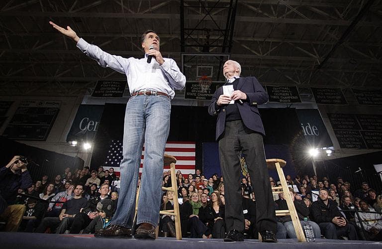 Former Massachusetts Gov. Mitt Romney and Ariz. Sen. John McCain campaign together in Manchester, N.H., Wednesday. (AP)