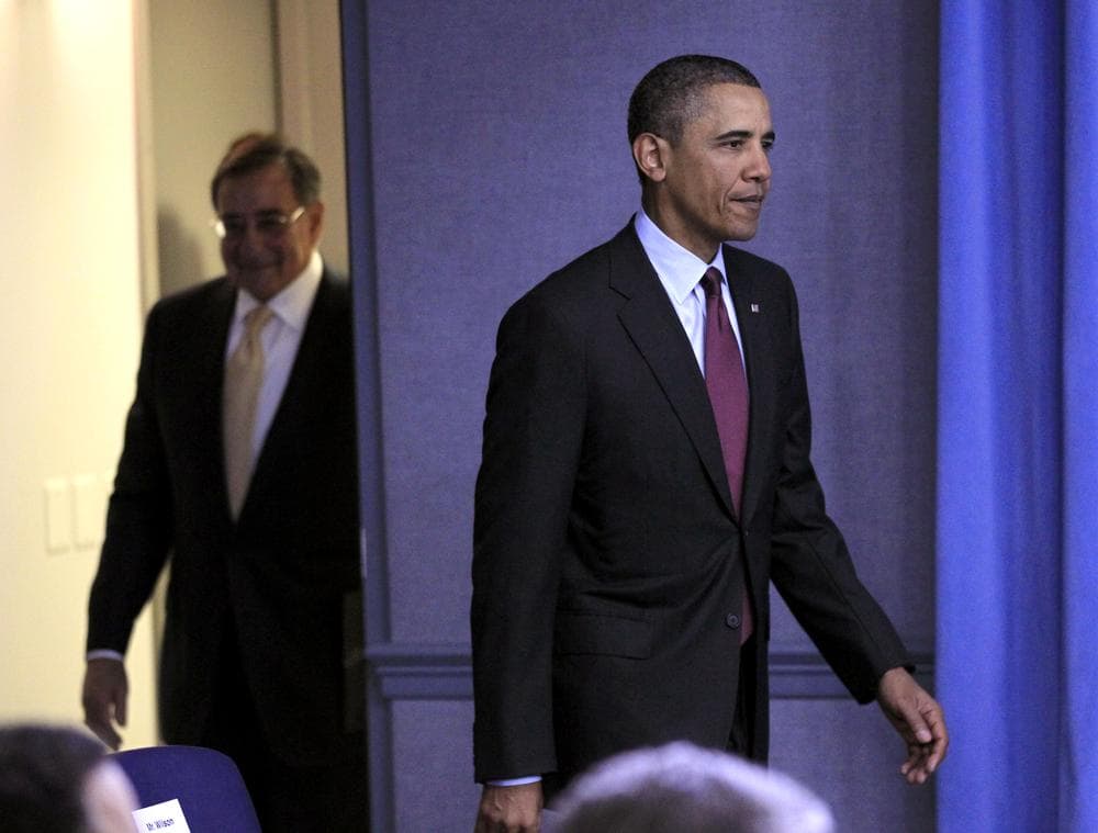 President Barack Obama, followed by Defense Secretary Leon Panetta arrive for a news briefing on the defense strategic guidance at the Pentagon, Thursday. (AP)