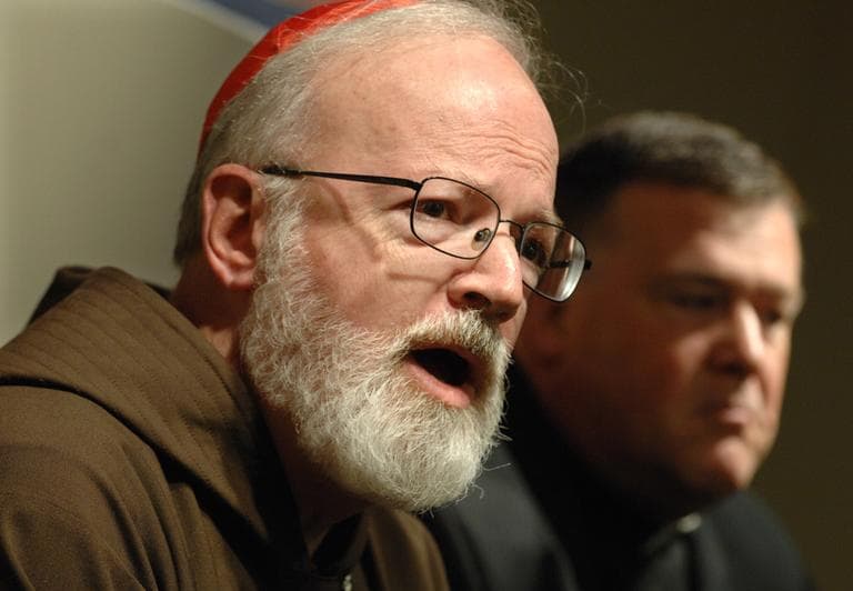 Cardinal Sean P. O'Malley, left, speaks to reporters, as Rev. John Connolly,  with the Cardinal's special assistant for the Protection of Children, at a news conference in April, 2008. (AP)