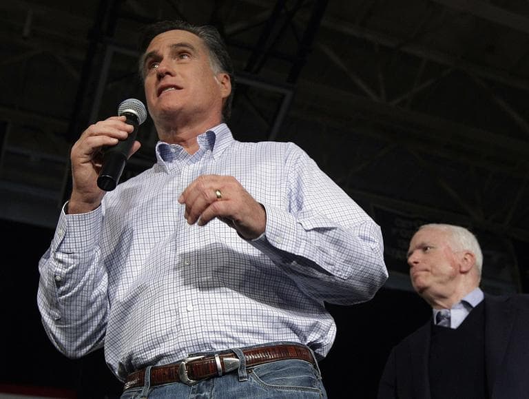 Former Massachusetts Gov. Mitt Romney, left, campaigns with Sen. John McCain, R-Ariz., during a town hall style meeting in Manchester, N.H., on Wednesday. (AP)