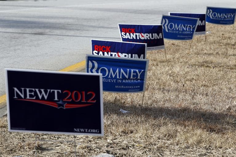 Signs supporting various GOP candidates are seen planted on a grass covered median in Manchester, N.H. (AP) 