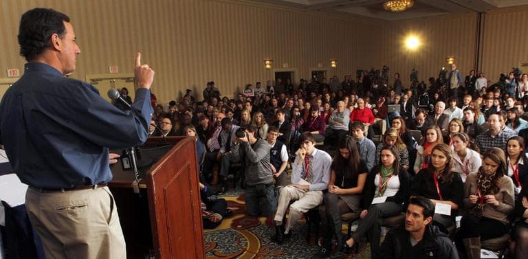 Sen. Rick Santorum at a campaign stop with college students in Concord, N.H., on Thursday (AP)