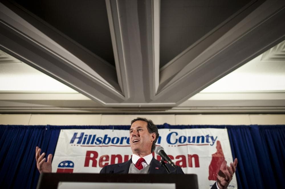 Sen. Rick Santorum campaigns in Nashua, N.H. on Friday. (WBUR/Dominick Reuter)