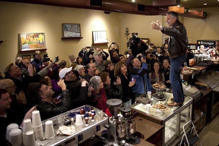 Republican presidential candidate, former Utah Gov. Jon Huntsman, stands on a counter during a campaign stop at the Bean Towne Coffee House on Sunday, Jan. 8 in Hampstead, N.H.  (AP)