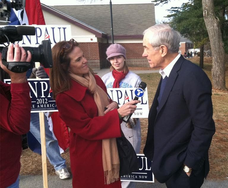 Ron Paul is interviewed at the Amherst Street School polling place in Nashua, N.H. (Steve Brown/WBUR)