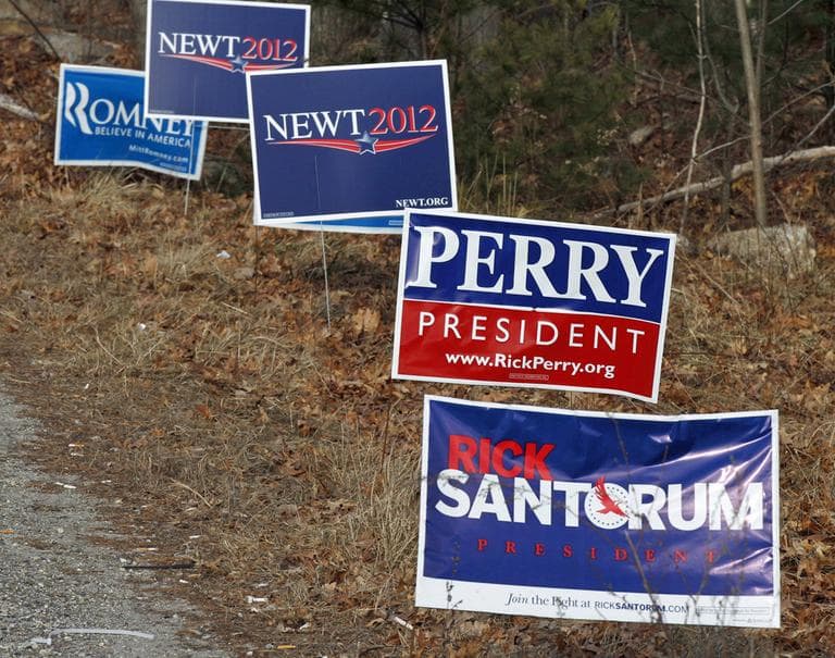 Campaign signs line a road in Derry, N.H., Tuesday Jan. 10, 2012, during New Hampshire's first in the national presidential primary.  (AP)Campaign signs line a road in Derry, N.H., Tuesday Jan. 10, 2012, during New Hampshire's first in the national presidential primary.  (AP)