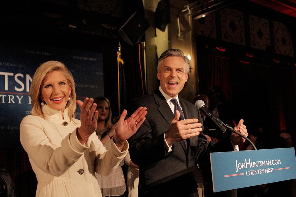 Republican presidential candidate Jon Huntsman and his wife Mary Kaye at his New Hampshire primary night party in Manchester, N.H., Tuesday (Jesse Costa/WBUR)