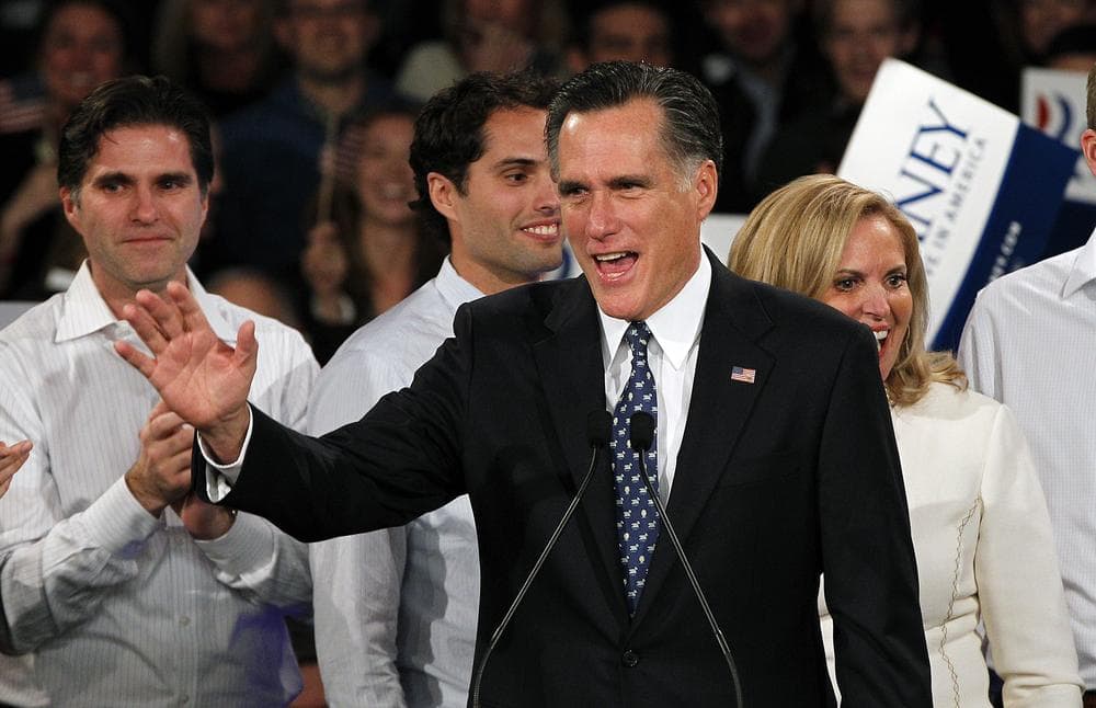 Former Massachusetts Gov. Mitt Romney waves to supporters at the Romney for President New Hampshire primary night rally at Southern New Hampshire University in Manchester, N.H. (AP)