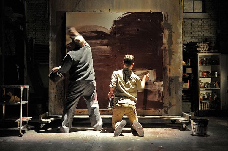 Thomas Derrah (left) as artist Mark Rothko and Karl Baker Olson (right, foreground) as his assistant Ken in a scene from the SpeakEasy Stage Company production of &quot;Red.&quot; (Photo:  Craig Bailey/Perspective Photo)
