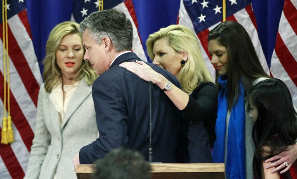 Republican presidential candidate, former Utah Gov. Jon Huntsman, leaves the stage with his wife Mary Kaye Huntsman and his family after he announced he is ending his campaign, Monday, in Myrtle Beach, S.C. (AP)