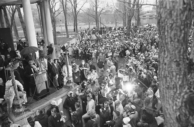 Dr. Martin Luther King Jr., addresses civil rights marchers on the Boston Common April 23, 1965 after a march from the Roxbury. (AP)
