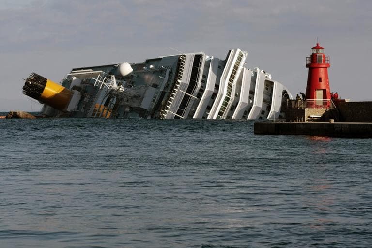The cruise ship Costa Concordia leans on its side  on Jan. 17, after running aground on the tiny Tuscan island of Giglio, Italy, on Jan. 13. (AP)