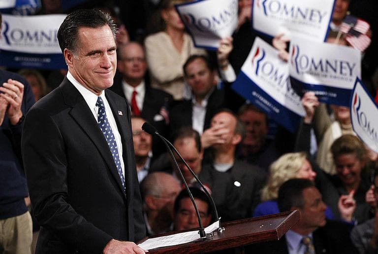 Mitt Romney celebrates his New Hampshire primary election win in Manchester. (AP Photo/Charles Dharapak) 