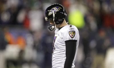Baltimore Ravens kicker Billy Cundiff (7) walks off the field after missing a 32 yard field goal in the closing seconds of he AFC Championship NFL football game against the Patriots, Sunday. (AP)