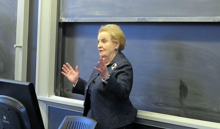 Madeleine Albright speaks with students at Wellesley College. (Jessica Alpert/WBUR)