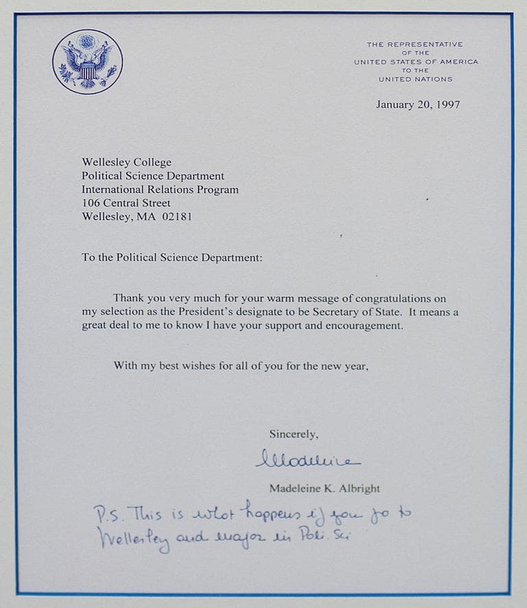 &quot;This is what happens if you go to Wellesley and major in Poli Sci,&quot; Albright wrote after becoming secretary of state. Click to enlarge. (Courtesy: Wellesley College)