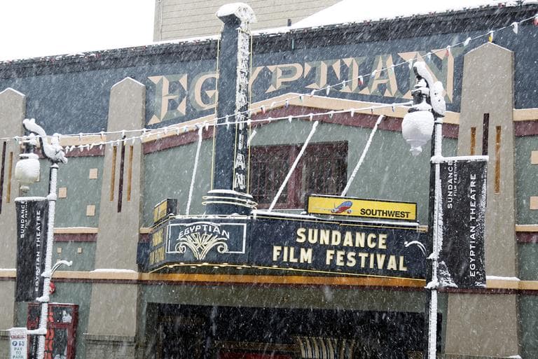 Snow falls on the Egyptian Theatre on Main Street during the 2012 Sundance Film Festival in Park City, Utah on Saturday, Jan. 21, 2012. (AP)