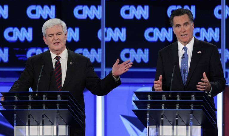 Republican presidential candidates, former House Speaker Newt Gingrich and former Massachusetts Gov. Mitt Romney participate in the Republican presidential candidates debate in Jacksonville, Fla., Thursday. (AP)