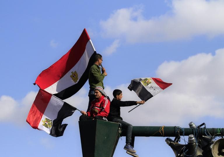 Egyptians protesters wave the national flag from their perch atop a lamp post at a rally to mark the first anniversary of the &quot;Friday of Rage,&quot; in Tahrir Square, in Cairo, Egypt, Friday, Jan. 27, 2012. Some 10,000 Egyptian protesters converged on Cairo's downtown Tahrir Square to mark the first anniversary of &quot;Friday of Rage,&quot; a key day in the popular uprising that ousted President Hosni Mubarak. (AP)