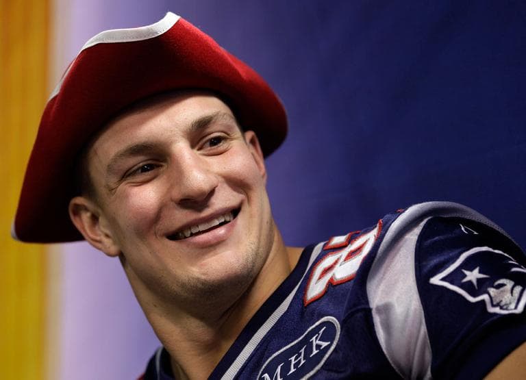 Patriots tight end Rob Gronkowski answers a question during Super Bowl Media Day Tuesday in Indianapolis. (AP)