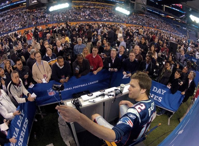 Patriots quarterback Tom Brady answers questions during Super Bowl Media Day Tuesday in Indianapolis. (AP)
