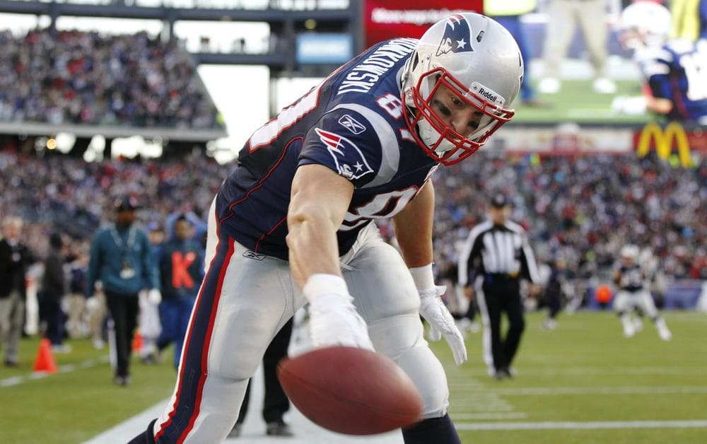 New England Patriots tight end Rob Gronkowski spikes the ball after his touchdown against the Buffalo Bills Sunday Jan. 1. (AP)
