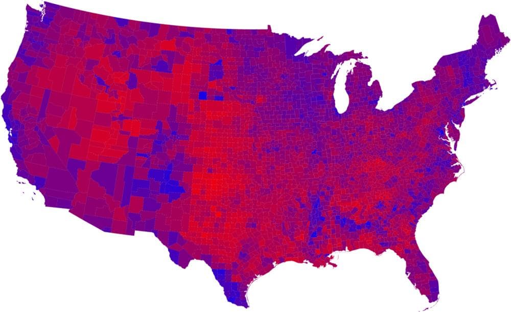 2008 popular vote by county. Brighter red represents a higher percentage of the vote for McCain, while darker blue represents a higher percentage of the vote for Obama. (Mark Newman, University of Michgan)