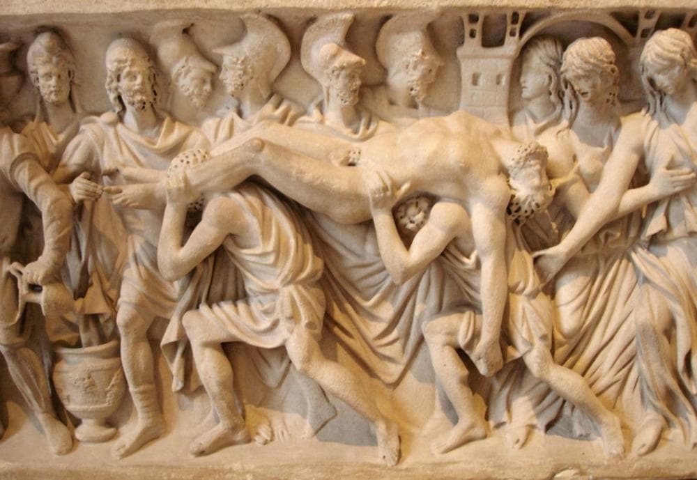 Scene from Book XXIV of the Iliad: Hector's corpse brought back to Troy (detail). Roman artwork (ca. 180–200 CE), relief from a sarcophagus, marble. (Louvre)