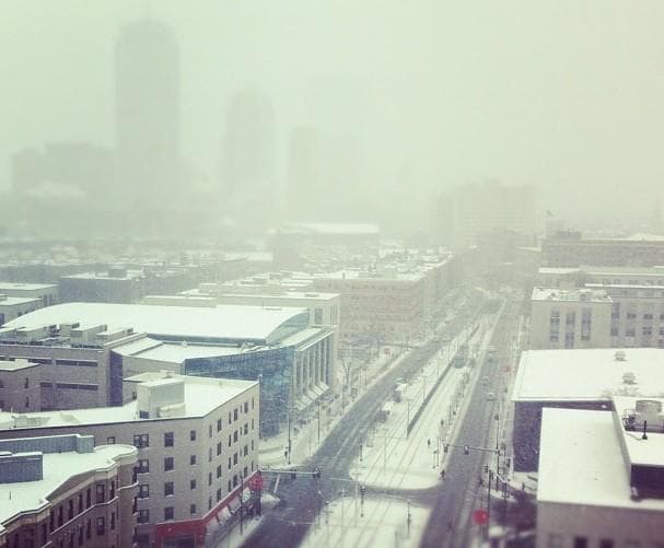 A view of Boston's Saturday snow storm from high above Huntington Avenue (@andrewzenn/Twitter)