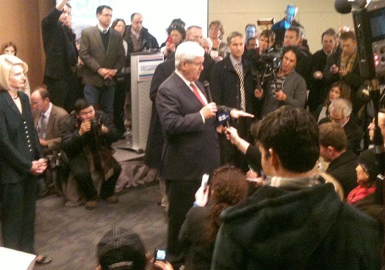 Newt Gingrich takes questions from the media following his Manchester event Monday. (Ben Swasey/WBUR)