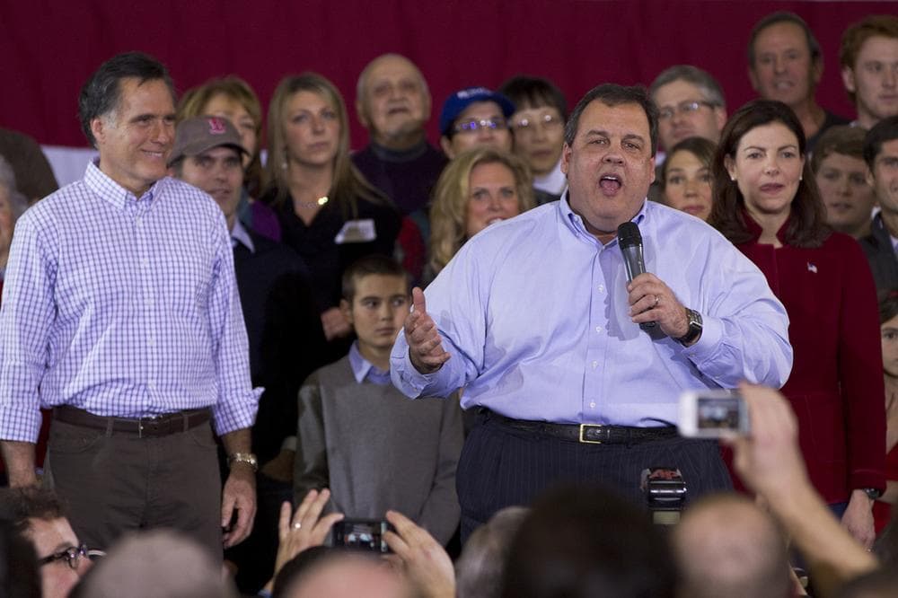 Mitt Romney and N.J. Gov. Chris Christie at a campaign rally in Exeter, N.H., on Sunday (Luke Boelitz for WBUR)