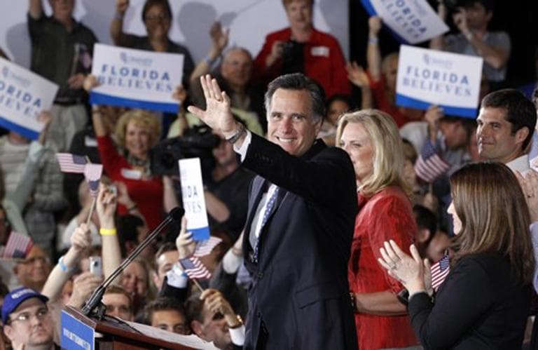 Mitt Romney and his family celebrate his primary election win Tuesday night at the Tampa Convention Center. (AP)